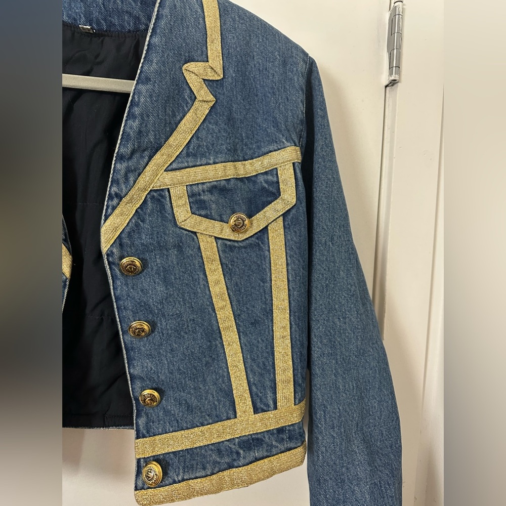 Vintage Moschino cropped denim blazer with gold trim US 8